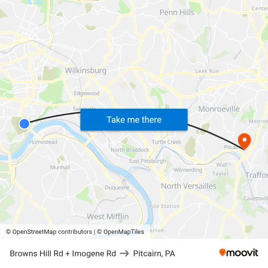 Browns Hill Rd + Imogene Rd to Pitcairn, PA map