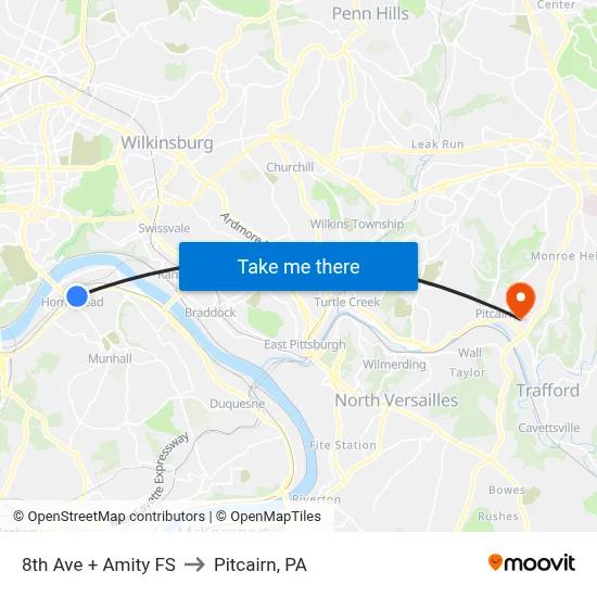 8th Ave + Amity FS to Pitcairn, PA map