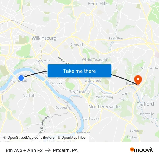 8th Ave + Ann FS to Pitcairn, PA map