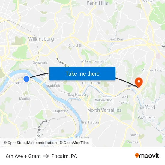 8th Ave + Grant to Pitcairn, PA map