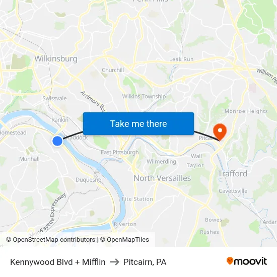 Kennywood Blvd + Mifflin to Pitcairn, PA map