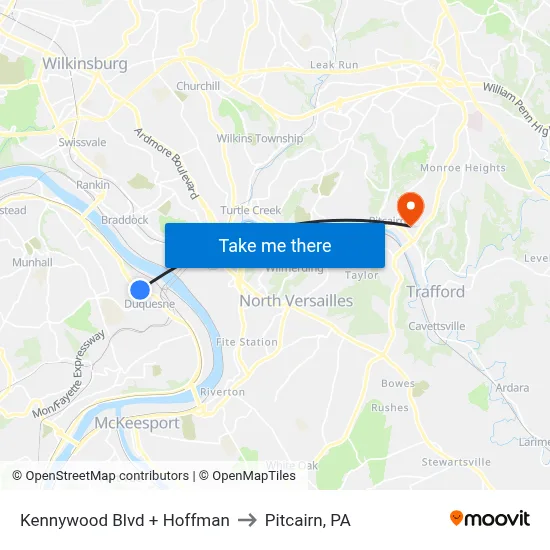 Kennywood Blvd + Hoffman to Pitcairn, PA map