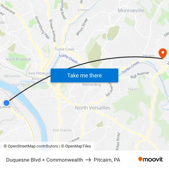 Duquesne Blvd + Commonwealth to Pitcairn, PA map