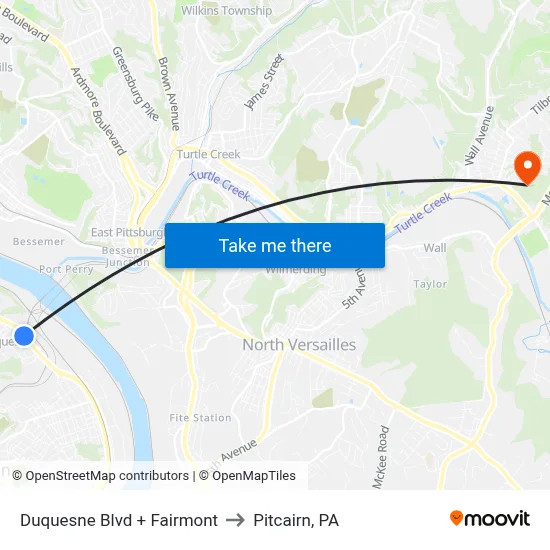 Duquesne Blvd + Fairmont to Pitcairn, PA map