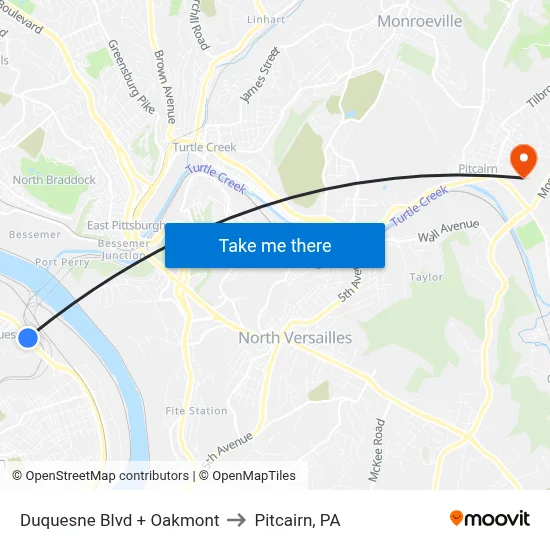Duquesne Blvd + Oakmont to Pitcairn, PA map