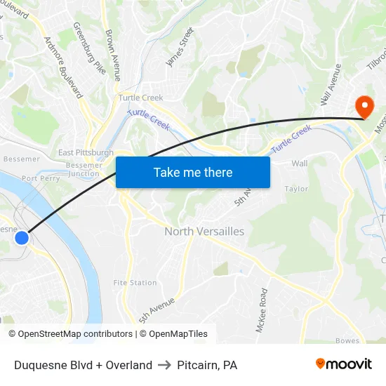 Duquesne Blvd + Overland to Pitcairn, PA map