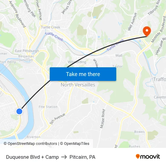 Duquesne Blvd + Camp to Pitcairn, PA map