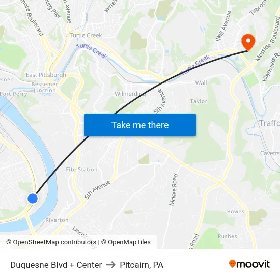 Duquesne Blvd + Center to Pitcairn, PA map