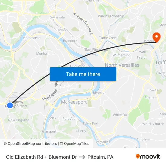 Old Elizabeth Rd + Bluemont Dr to Pitcairn, PA map