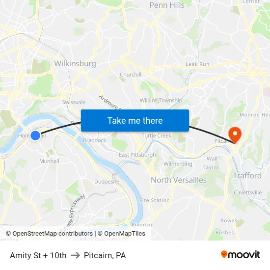 Amity St + 10th to Pitcairn, PA map