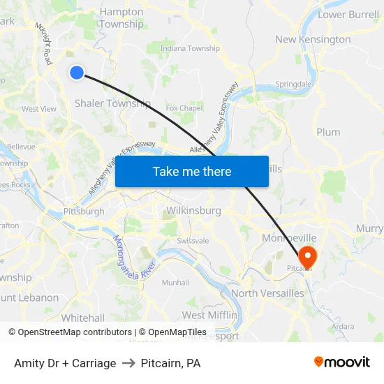 Amity Dr + Carriage to Pitcairn, PA map