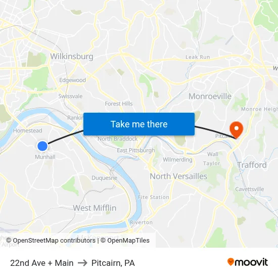 22nd Ave + Main to Pitcairn, PA map