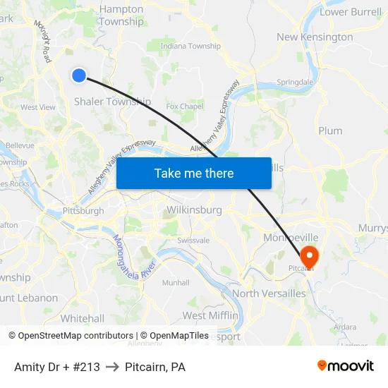 Amity Dr + #213 to Pitcairn, PA map