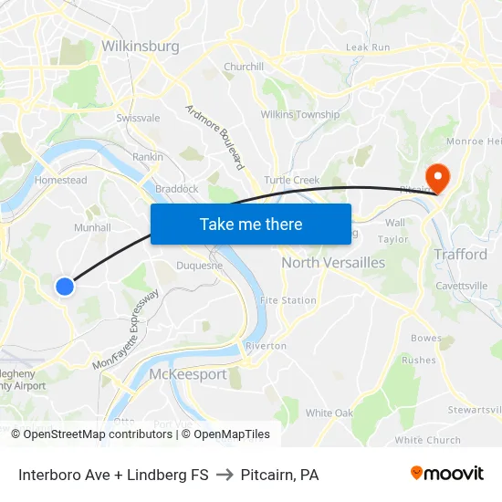 Interboro Ave + Lindberg FS to Pitcairn, PA map