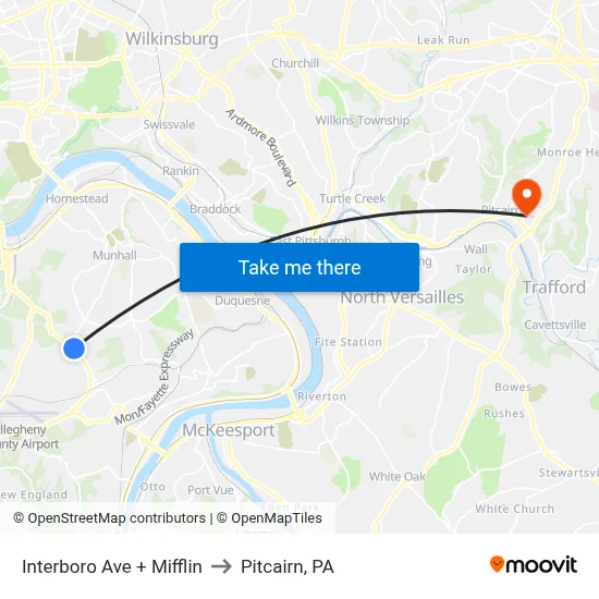 Interboro Ave + Mifflin to Pitcairn, PA map