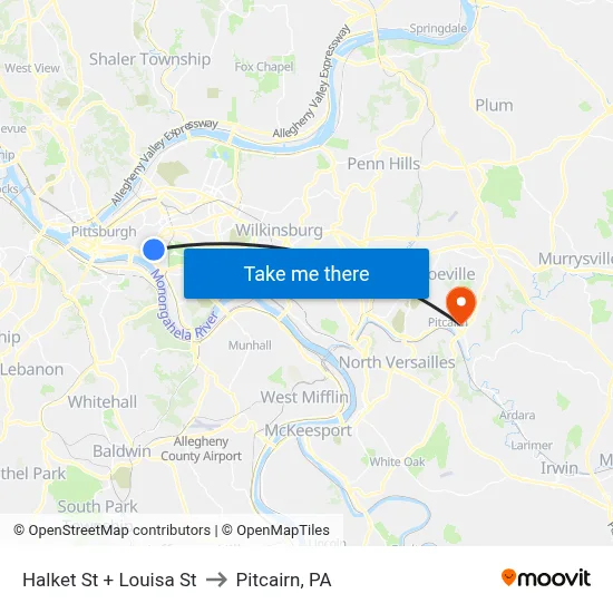 Halket St + Louisa St to Pitcairn, PA map