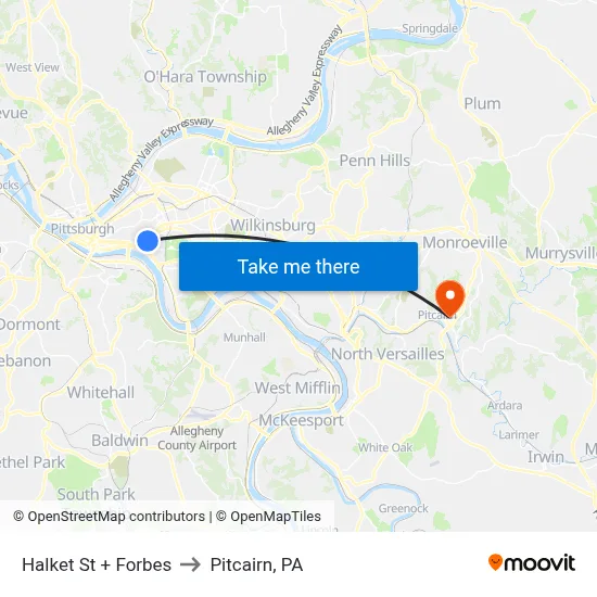 Halket St + Forbes to Pitcairn, PA map