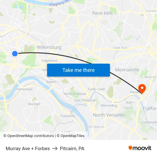 Murray Ave + Forbes to Pitcairn, PA map