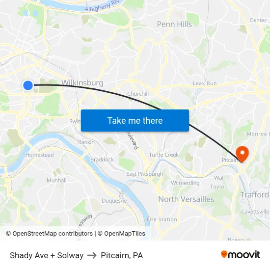 Shady Ave + Solway to Pitcairn, PA map