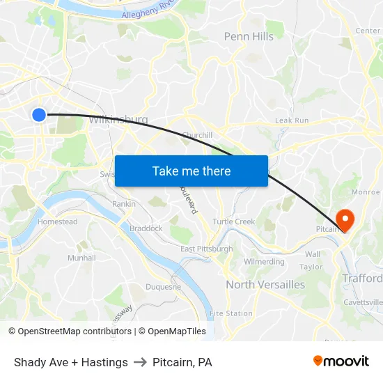 Shady Ave + Hastings to Pitcairn, PA map