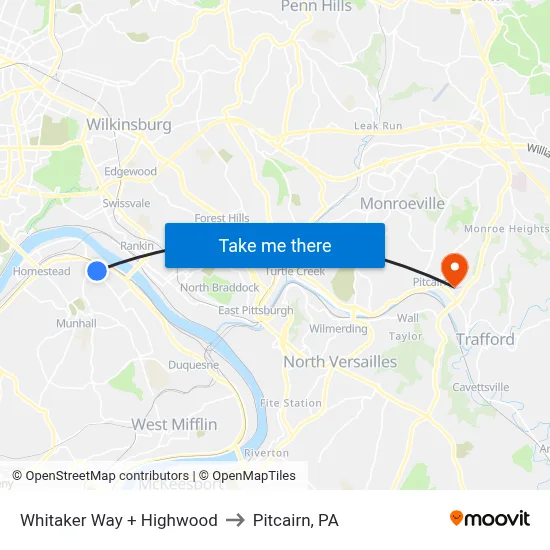 Whitaker Way + Highwood to Pitcairn, PA map