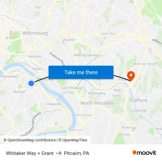 Whitaker Way + Grant to Pitcairn, PA map