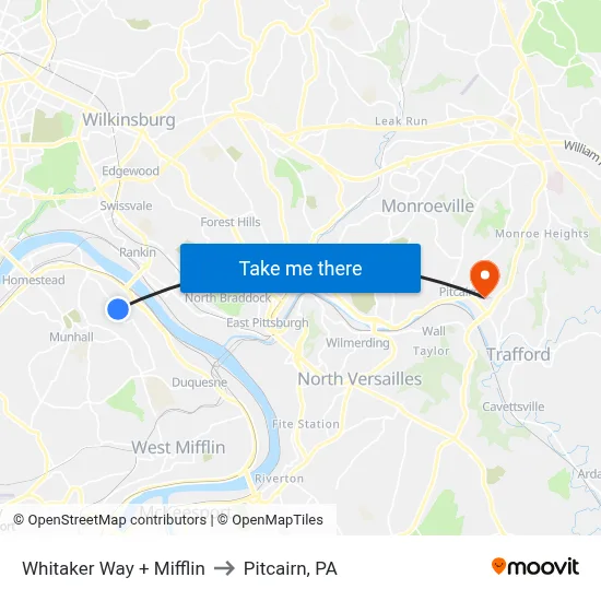 Whitaker Way + Mifflin to Pitcairn, PA map