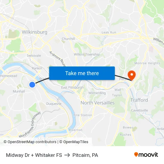 Midway Dr + Whitaker FS to Pitcairn, PA map