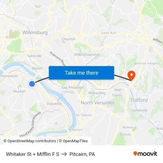 Whitaker St + Mifflin F S to Pitcairn, PA map