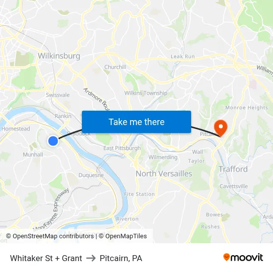 Whitaker St + Grant to Pitcairn, PA map