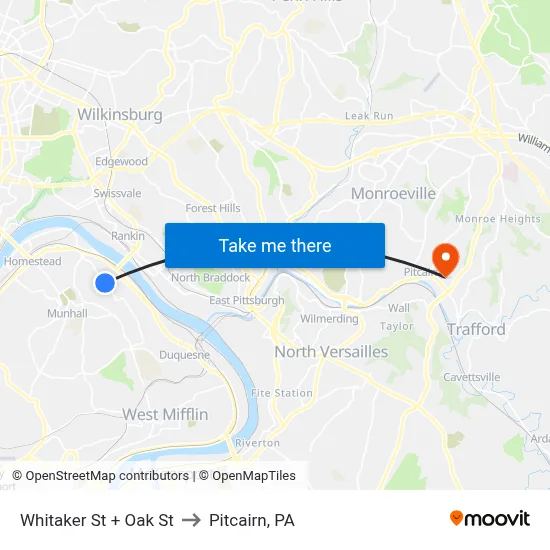 Whitaker St + Oak St to Pitcairn, PA map