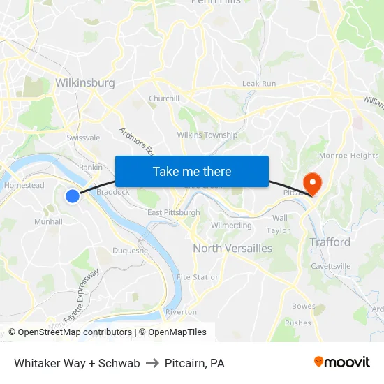 Whitaker Way + Schwab to Pitcairn, PA map
