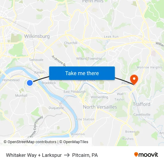 Whitaker Way + Larkspur to Pitcairn, PA map
