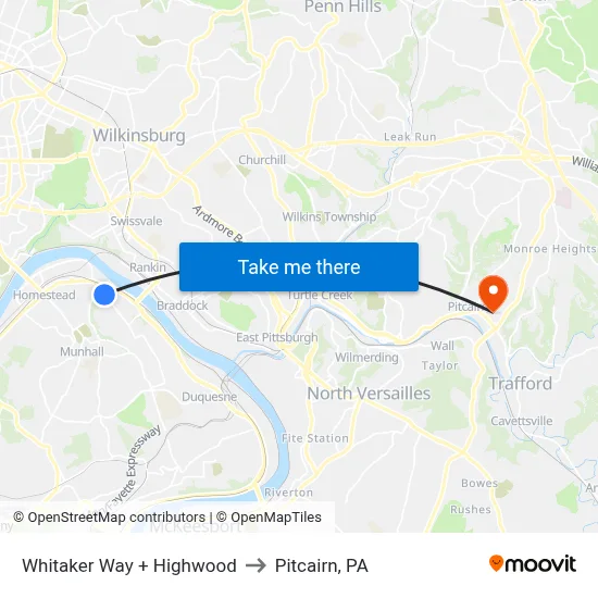 Whitaker Way + Highwood to Pitcairn, PA map