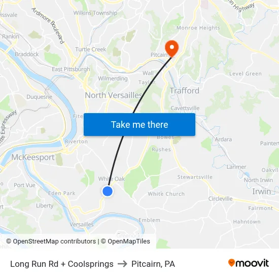 Long Run Rd + Coolsprings to Pitcairn, PA map