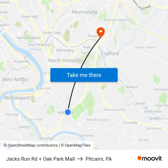 Jacks Run Rd + Oak Park Mall to Pitcairn, PA map