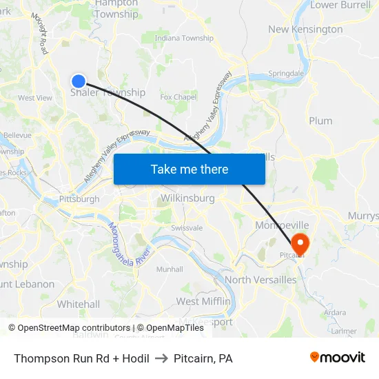 Thompson Run Rd + Hodil to Pitcairn, PA map