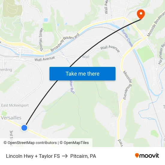 Lincoln Hwy + Taylor FS to Pitcairn, PA map