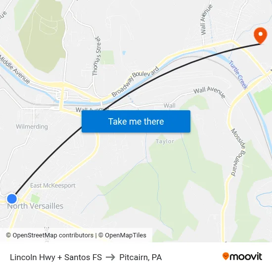 Lincoln Hwy + Santos FS to Pitcairn, PA map