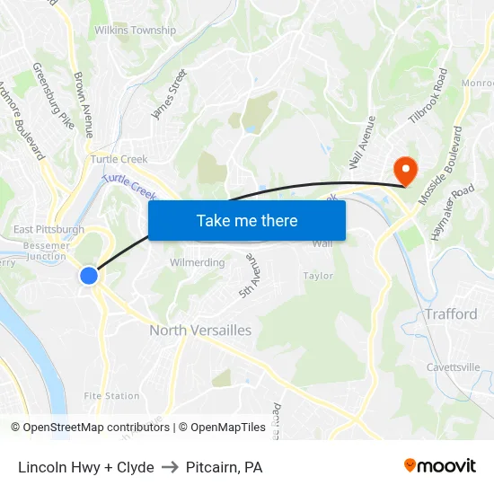 Lincoln Hwy + Clyde to Pitcairn, PA map