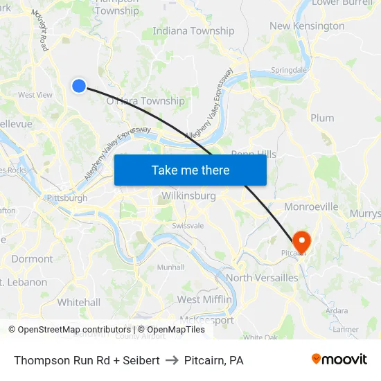 Thompson Run Rd + Seibert to Pitcairn, PA map