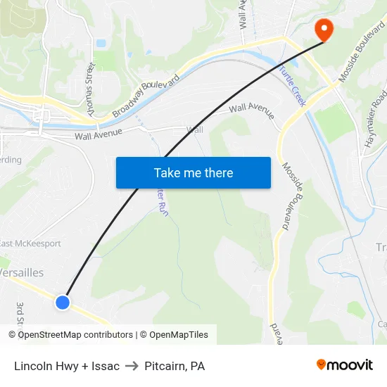 Lincoln Hwy + Issac to Pitcairn, PA map