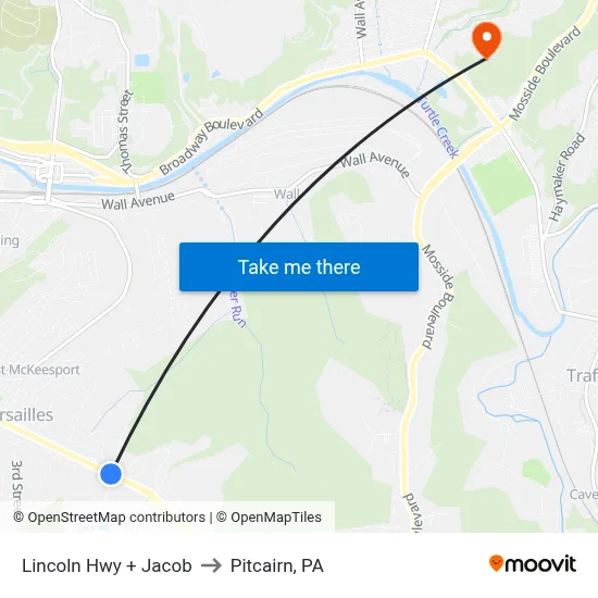 Lincoln Hwy + Jacob to Pitcairn, PA map