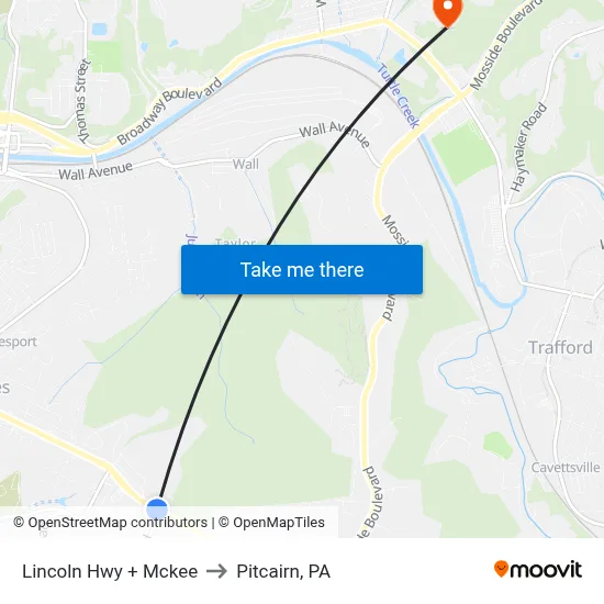 Lincoln Hwy + Mckee to Pitcairn, PA map