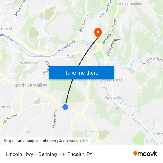 Lincoln Hwy + Denning to Pitcairn, PA map