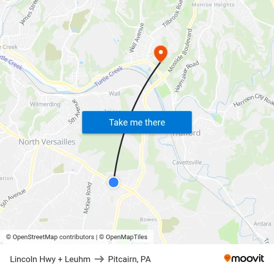 Lincoln Hwy + Leuhm to Pitcairn, PA map