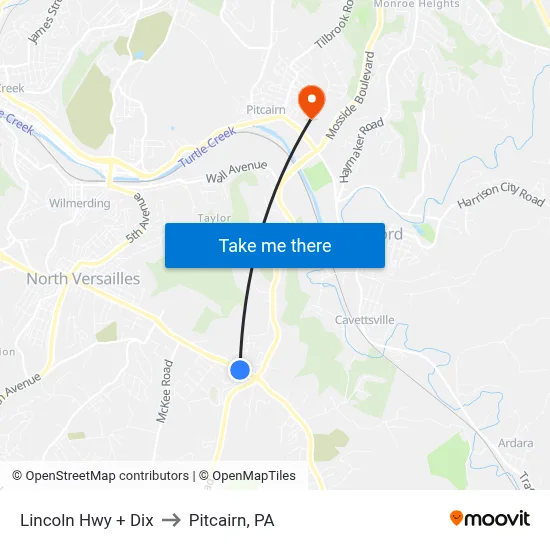 Lincoln Hwy + Dix to Pitcairn, PA map