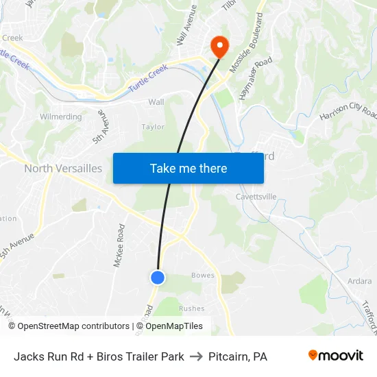 Jacks Run Rd + Biros Trailer Park to Pitcairn, PA map