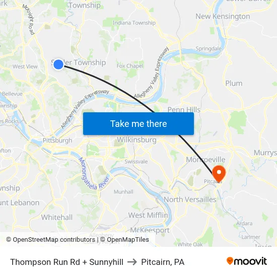 Thompson Run Rd + Sunnyhill to Pitcairn, PA map