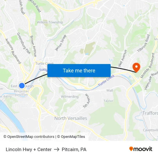 Lincoln Hwy + Center to Pitcairn, PA map